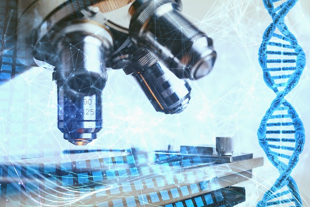 Close up on a high-powered microscope with a superimposed image of DNA and a web of lines with some blue squares.