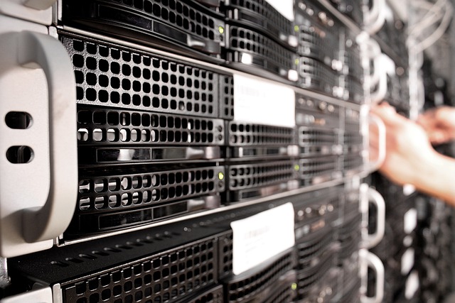 Close up view of servers in a network data center.