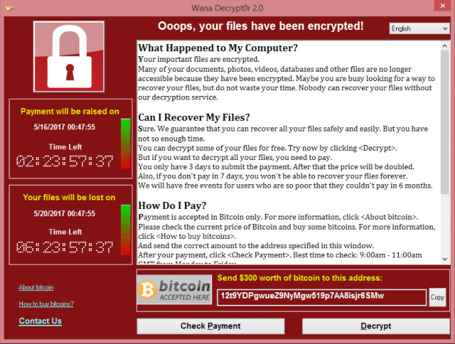 The wanacry ransomware screen shot, the one you get if you are infected with the ransomware.