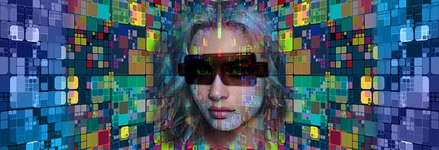 Woman wearing AR goggles with tiny windows over laid on the screen. Making it see like she is viewing these images from the goggles.