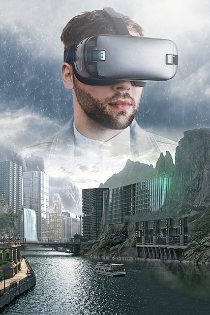 Man up at top of image wearing a VR headset, below him is a few of a futuristic city.