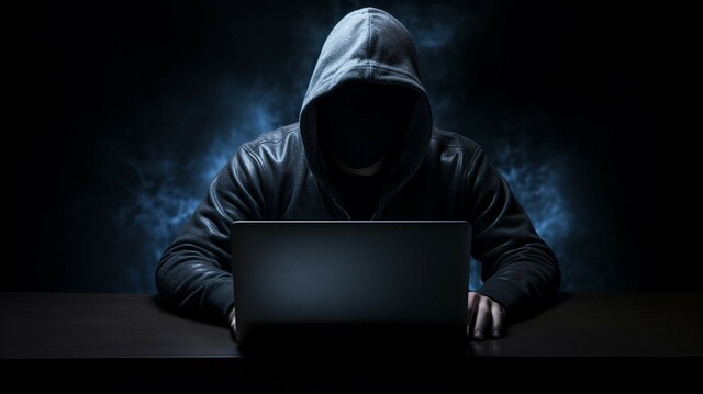 Man in a dark hoodie sitting in front of a laptop, the man and laptop are lightly illuminated by a light coming from off the image to the left.