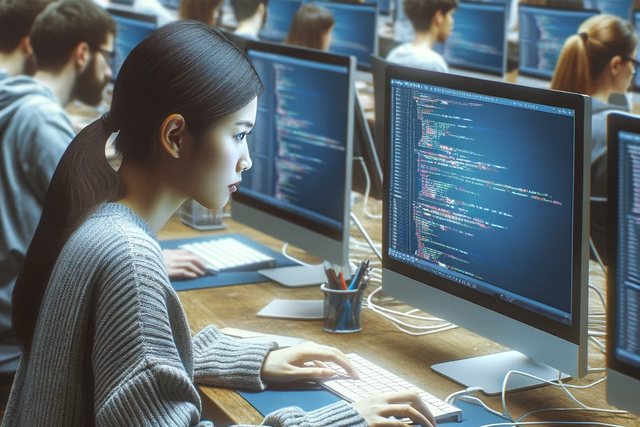 Woman programming in a college computer lab, surrounded by many other people also studying.