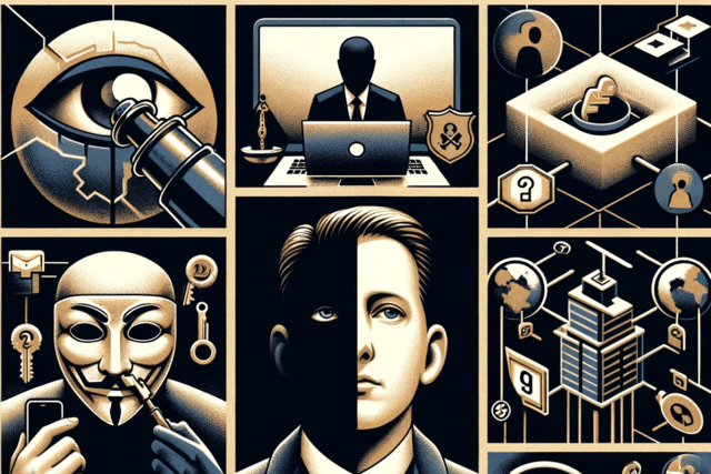 A collage of pictures representing different legal features of the dark web.