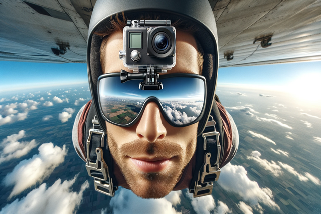 Man jumping from an airborne plane wearing a sports camera on his forehead.