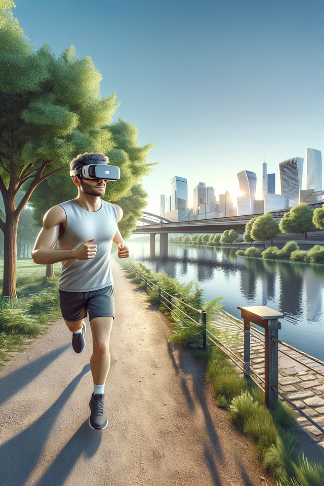 Man wearing an augmented reality headset while running on a park path next to a river.