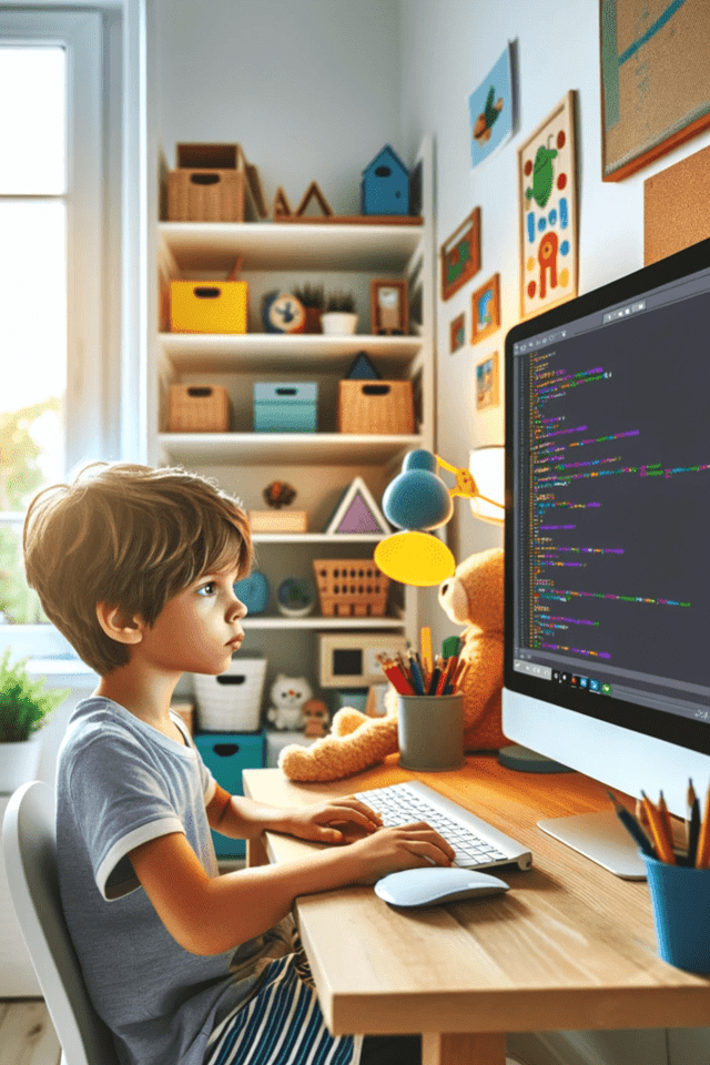 Young boy sitting at a desk in his room on a computer, the screen has code on it.