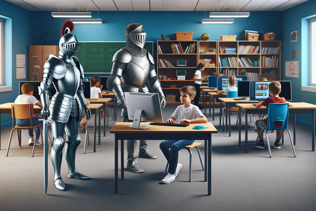 A boy, in a classroom, on a desktop computer, is protected by two knights in shinning armor.