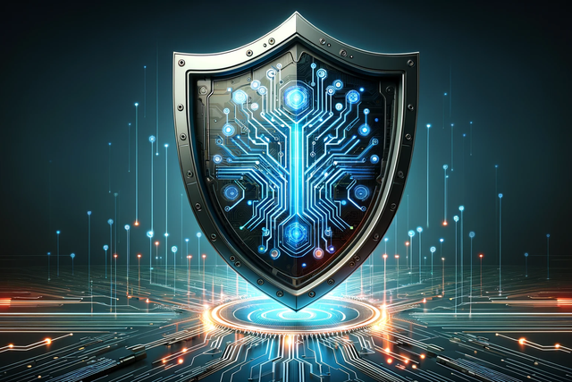 A shield with markings on it like a circuit board, the lines are glowing bright blue. The shield is hovering over a another glowing circuit board pedestal.