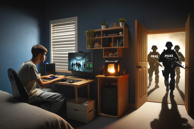 boy gaming in his bedroom, when swat team busts in.