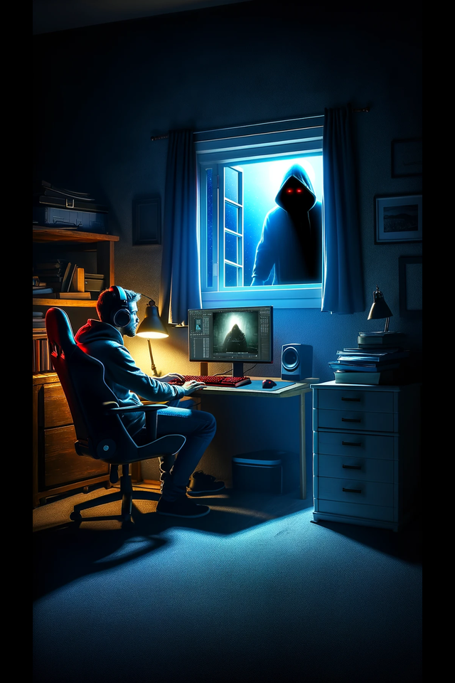 Boy in his room, gaming, above the computer is a window, in the window is a cloaked figure with red eyes, looking in.