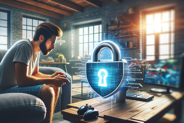 A gamer gaming in his living room, there's an overlay of the image, that is a secured lock, implying that he's protected.