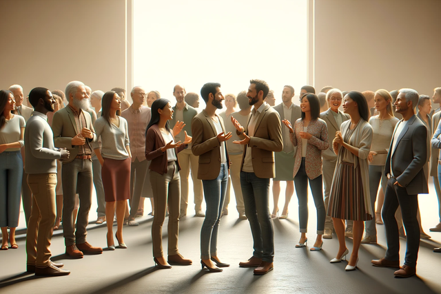 A diverse group of people in a room, talking amongst themselves.