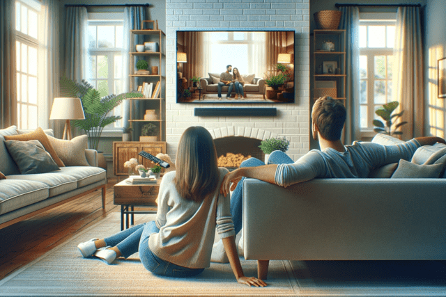 Man and a woman sitting in a living room, watching a tv on a wall, on the tv is a picture of a man and a woman sitting on a couch.
