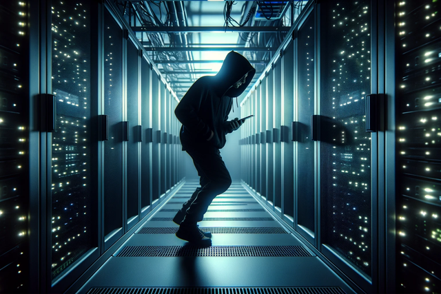 cloaked figure sneaking around a data center.