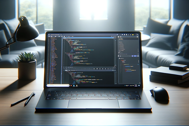 A laptop on a desk in a living room, running Microsoft Visual Studio Code with code in the window.