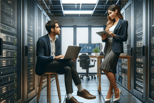 man and a woman in a server room, man is working on a laptop while sitting on a stool, woman is standing working on a tablet.
