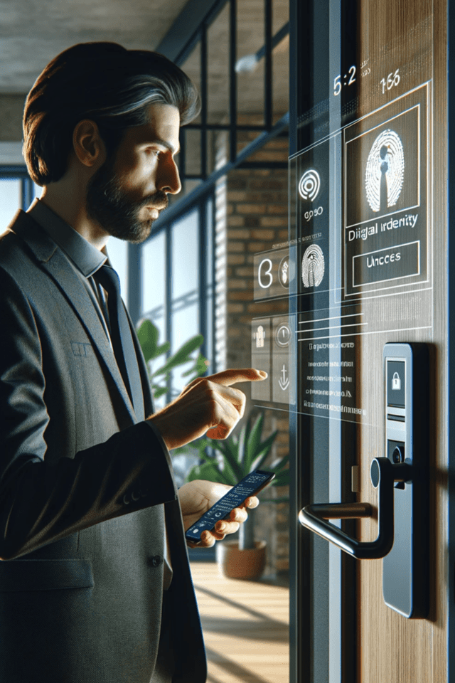 man attempting to access a door, using new Authentication technology.