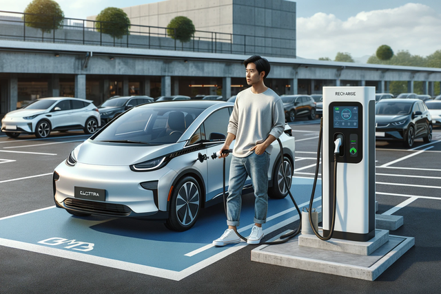 Man plugging his electric car in to charge at a car park.