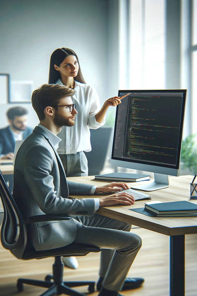 A woman standing over a man, helping him program as he sits at a desk.