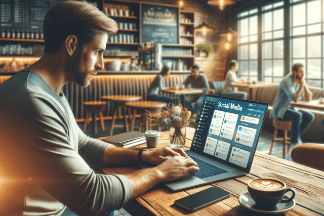 Man in a coffee shop working on a laptop, we see that he is on social media.