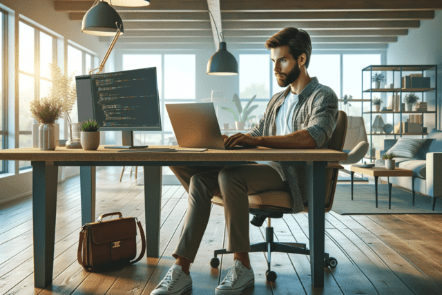 Man working at a desk in a home office.