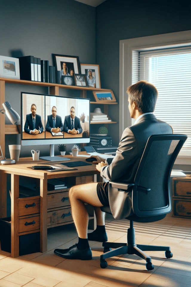 Man on a conference call, wearing a suite above the waist, and shorts beneath.
