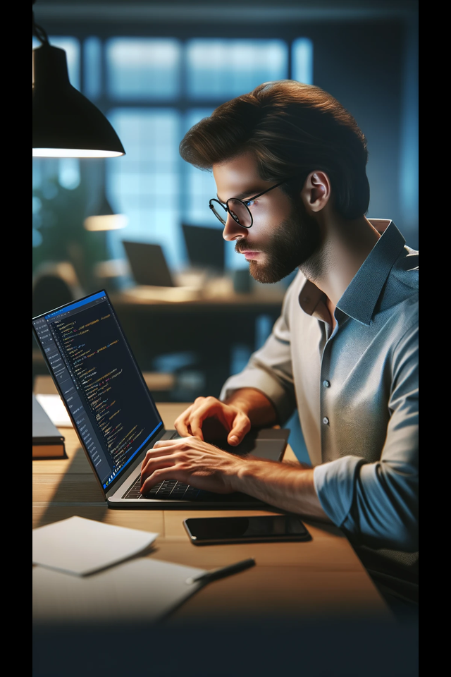 Man coding on a laptop in an office.