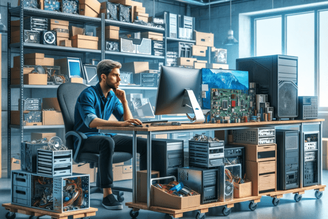 man in an office room, with stacks of spare computer parts and server parts, working on a computer.