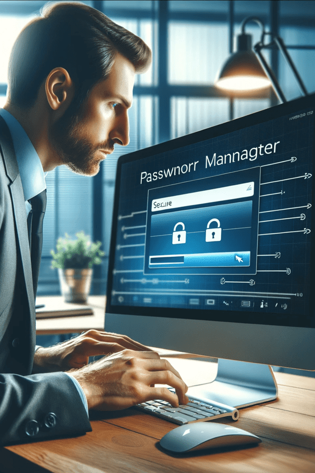A man using a password manager on desktop computer in an office.