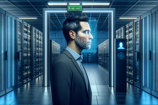 Man standing in a server room, being facial recognition scanned.