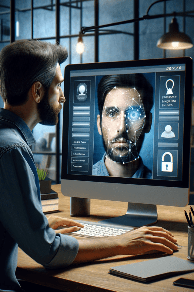 Man sitting at his desk, his computer is scanning his face for facial recognition.