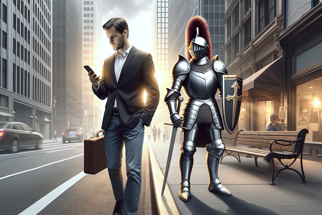 A man walking down a street looking at his phone, he is guarded by a knight in shinning armor, he's holding a shield and a sword.