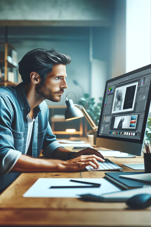 Man working on a desktop in an office, he is working in an image editing software program.