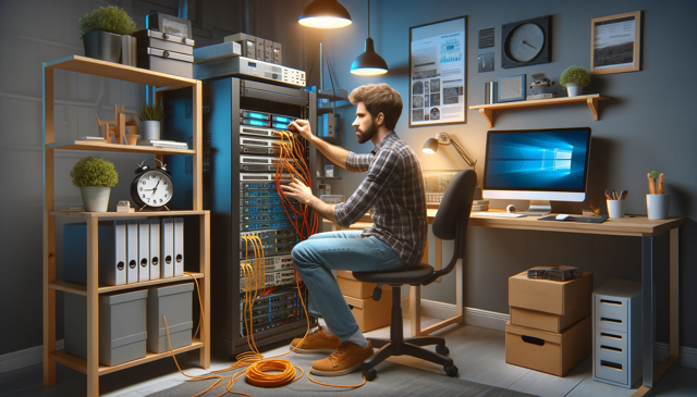 Man in his personal home office, he's sitting in front of a server rack plugging network cables into switches and servers.