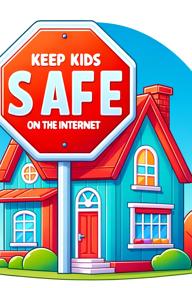 A clip-art like image of a house and a giant stop sign just outside the front door, the stop sign reads "Keep Kids Safe On The Internet"