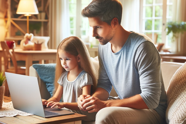A father guiding his young daughter on how to use a computer. They are seated on a couch, with a laptop on the coffee table. The young girl has her hands on the keyboard.