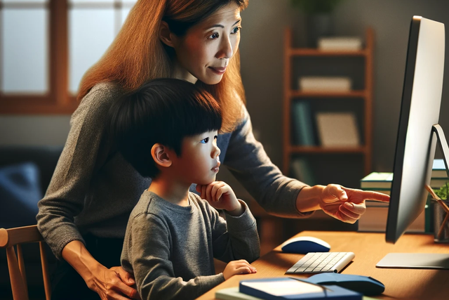 mother and son at a desk, the child is sitting in a chair, the mother is standing next to her son, one are on his side the other pointing to the monitor, she's teaching him to use the internet.