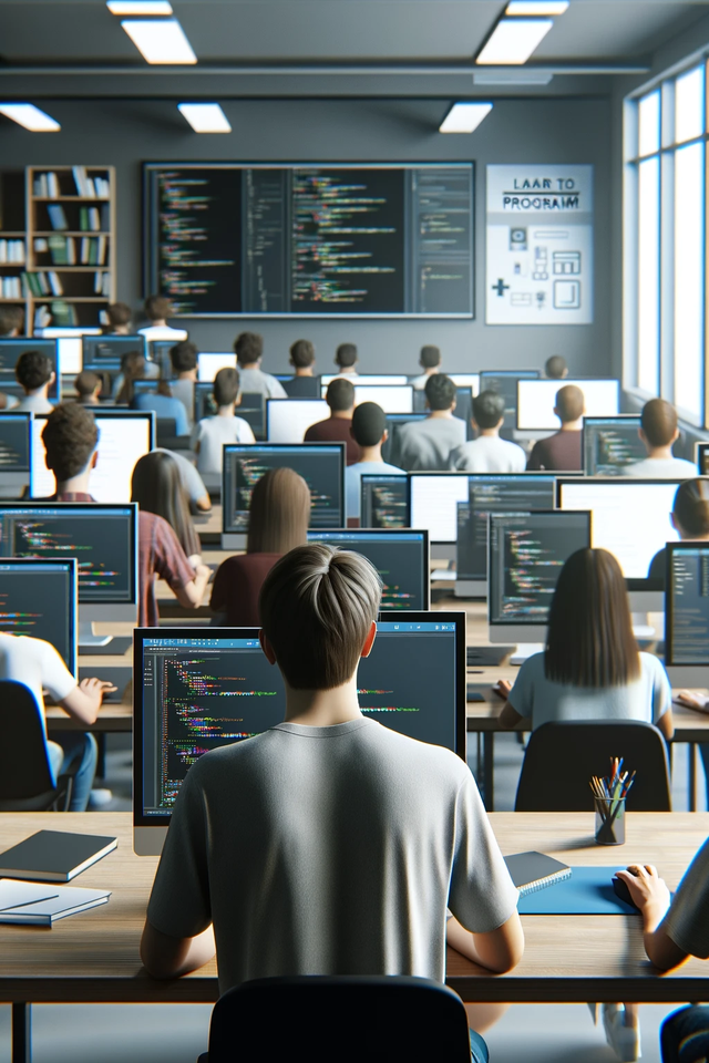 Bunch of students in a classroom, all at computers programming.