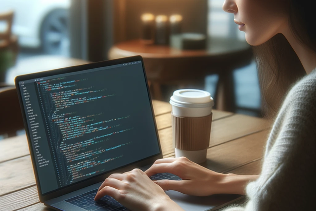 Image of a woman at a coffee shop coding on a laptop with a cup of coffee sitting next to the laptop.