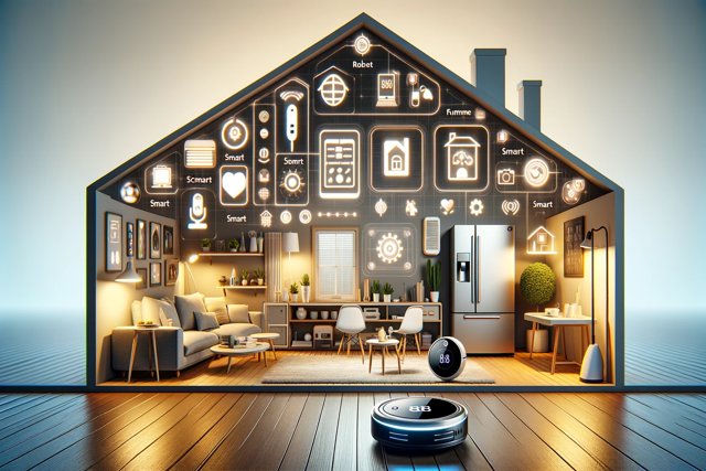 Image of a cutaway house, you can see a robot vacuum, smart thermostat and smart fridge, with other smart tech. Where the attic is are a bunch of Icons for controls of the smart house.
