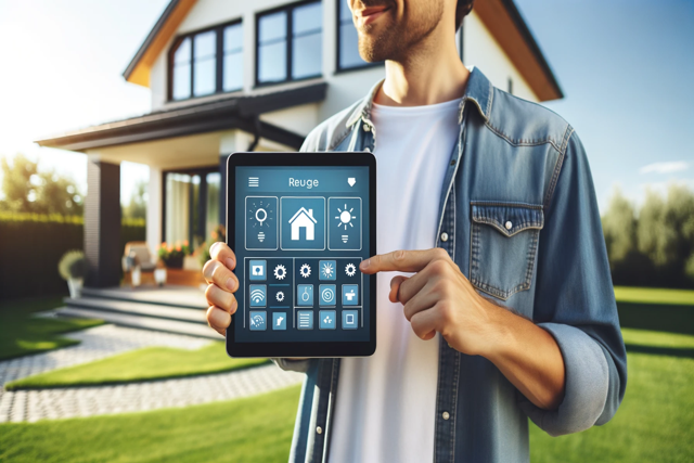 Man standing in front of a house, he's holding a tablet, with a controls for the smart home behind him.