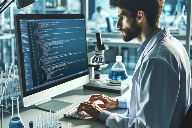 A scientist programming on a desktop in a lab.