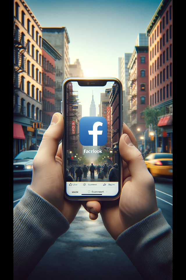 person out on the street, with his phone raised up, on the phone we see the Facebook logo on the phone.