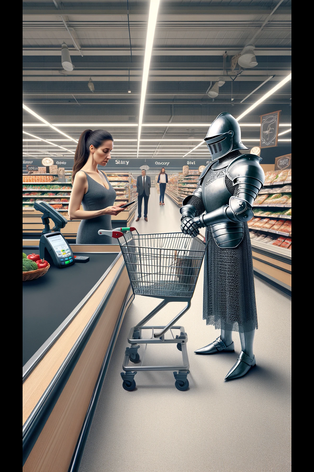 A woman in line to check out at a grocery store, she's about to pay with apple pay. Standing next to her is a Knight in shinning armor.