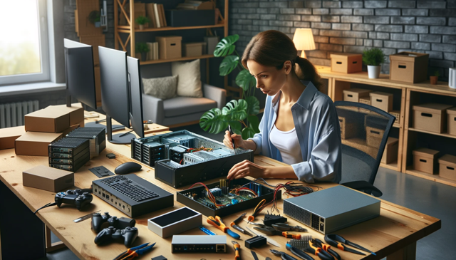 Woman sitting at a desk in a home office, she's building a server. You can see server and computer parts strewn across the desk along with tools.