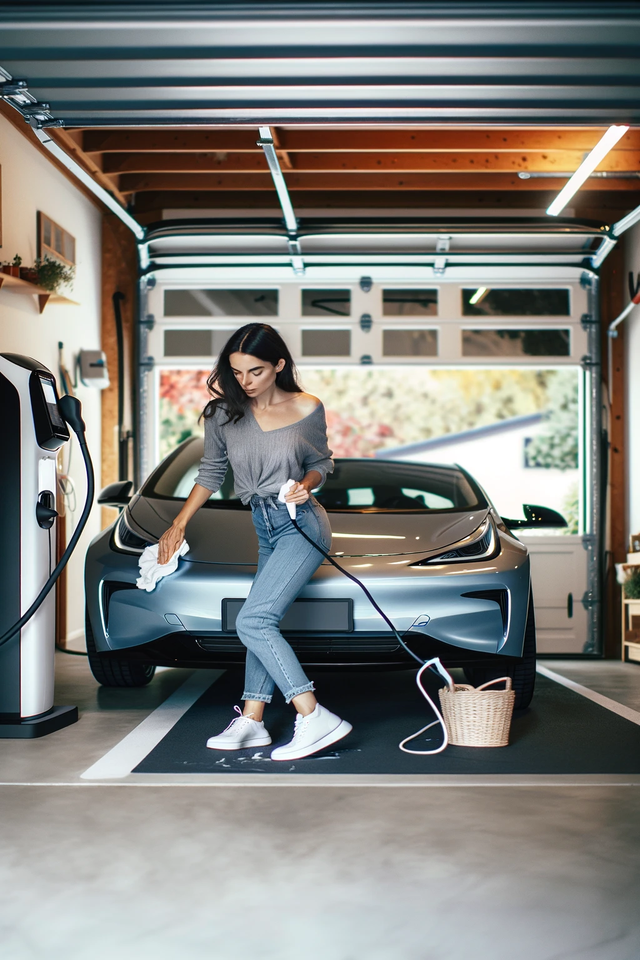 Woman cleaning her charging electric car in her garage.
