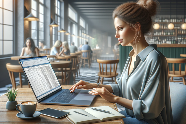 Woman working on a spreadsheet on a laptop in a restaurant.