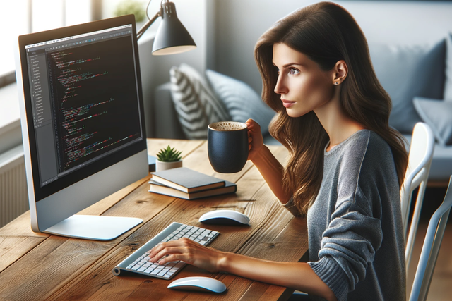 woman holding a cup of Java, programming on a computer which is on a desk.
