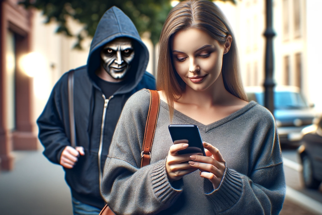 woman walking down the street looking down at her phone, what she doesn't see is the masked and cloaked man following her. Signifying someone spying on her social media use.